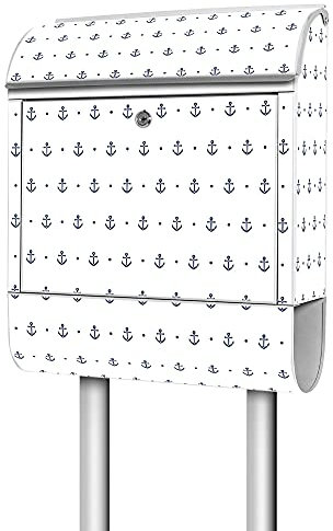 banjado® Briefkasten mit Standfuß Motiv Kleine Anker - Stand Briefkasten mit Zeitungsfach pulverbeschichtet aus Stahl weiß - Postkasten A4 Einwurf inkl. Montagematerial & 2 Schlüssel