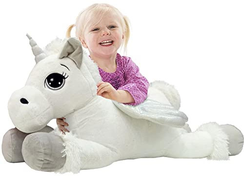 BAKAJI Peluche Unicorno Gigante Steso XL Lunghezza 80 cm Morbidissimo Pupazzo Giocattolo per Bambini Ragazzi Cavallo Extra Large Morbido Idea Regalo Decorazione Cameretta (Grigio)