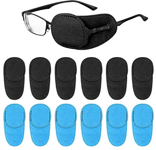 cobee Augenklappen für Brille, 12 Stück, Augenglasabdeckung, Augenklappe für Erwachsene, Kinder, rechte und linke Augenklappen für faule Augen, Amblyopie, Strabismus, Blau und Schwarz