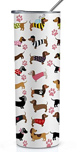 Onebttl Dackel-Geschenke für Frauen, Geschenke für Wiener-Hund, Wursthundeliebhaber, Besitzer, Mädchen, Freunde, Töchter, Kollegen, 590 ml, Edelstahl, schmaler Trinkbecher, Weiß