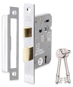 Infinity Decor Fire Rated 2.5” (65mm) Nickel Plated 3 Lever Mortice Sash Lock with Pair of Keys Set Security for Internal & External Wooden Door Gates