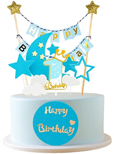 JKJF 1 Geburtstag Tortendeko Junge 1. Geburtstag Kuchen Topper Happy Birthday Banner Girlande Kuchendeko Sterne Wolken Mond Cake Toppers für Baby Kinder Geburtstag - Blau