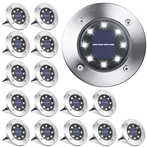 LYHOPE Solar Ground Lights Outdoor, 16 Pack 8 LED Solar Disk Lights Waterproof Garden In-ground Pathway Light Landscape Lighting for Lawn,Yard,Deck,Patio,Walkway (White)