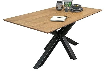 SAM Esstisch 200x100 cm Abby, Akazienholz massiv + naturfarben, Esszimmertisch mit Schweizer Kante, Spider-Metallgestell Schwarz, massiver Holztisch, Tischplatte 26mm