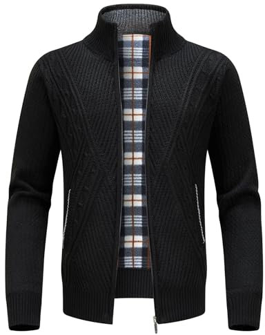 KUDORO Cardigan Uomo Lavorato e Zip a Maglia con Cerniera Intera Spesso Caldo Casual Invernale Foderato Giacca in Pile(Nero,3XL)