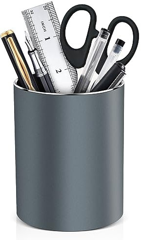 Metal Pen Holder for Desk Round Aluminum Desktop Organizer and Makeup Brush Holder Storage Box for Office, School, Home, and Kids, Non-slip silicone bottom3.9×3.14inch (Grey)