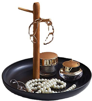 UIYIHIF Cuenco para Llaves para Entrada, Bandeja de Joyería Moderna Y Bandeja para Llaves, Bandeja de Almacenamiento de Mesa Redonda con Soporte de Madera, Organizador de Platos de Joyería(Negro)