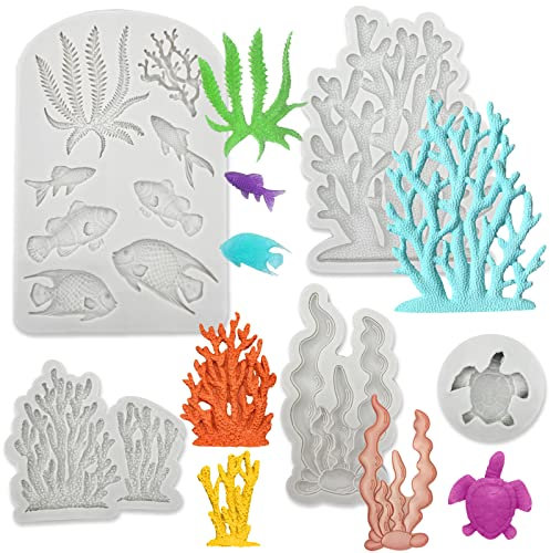 5 stück 3D Marine Thema Silikonform Koralle Schildkröte Fisch Silikon Fondant Formen Ozean Tier Backform Set Fondantform für Marine Thema DIY handgemachte Muschel Seestern Tortendeko