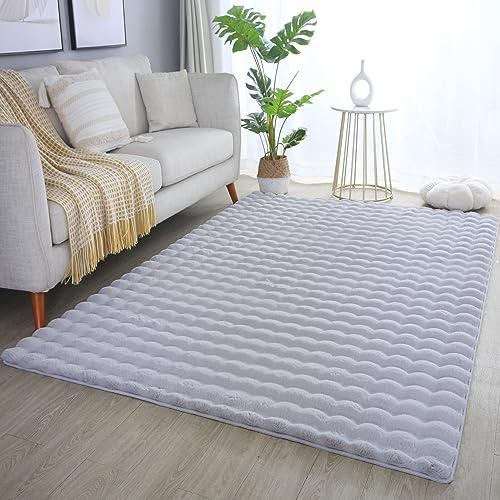 Carpetsale24 Teppich 200x290 cm Silber, Flauschiger Teppich in Felloptik mit Hoch-Tief Struktur & Bubble-Design, Super Weich, Plüschig, Ideal für Wohnzimmer & Schlafzimmer