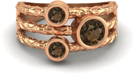 MOONEYE 0,70 Ctw-Runde Rauchquarz Ring mit geteiltem Schaft, gehämmertes geteiltes Band, 925er-Sterlingsilber, Trio-Stein-Ring Roségold Vermeil, 64