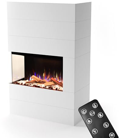 GLOW FIRE Kaminofen Portia linksoffen mit realistischem 3D E-Motion LED-Feuer - Stand-Elektrokamin mit Heizung und Kaminfeuer, Knistereffekt & Timer, max. 1500 W, 140x90x45, Weiß