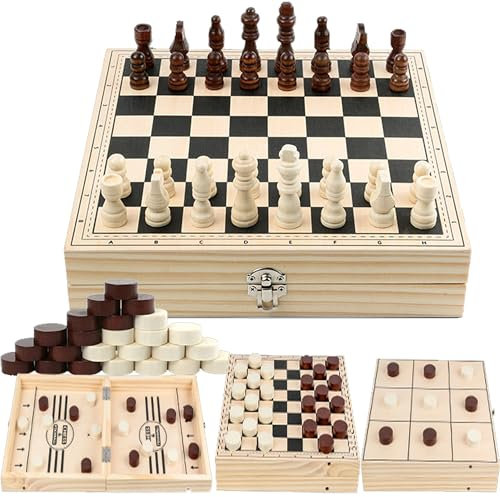 YUEMING Wooden Chess and Checkers 4 in 1 Set, Chess Set and Draughts Board Games, Foldable Wooden Chess Board, Travel Folding Board and Chess Piece for Kids and Adult Chess Toys Gift