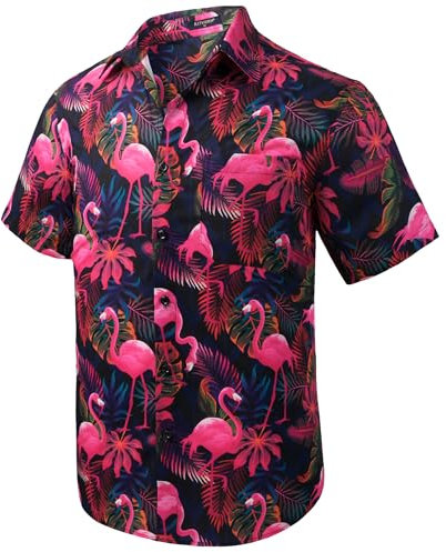 Rithern Chemises Hawaïenne Homme Manches Courtes Été Flamant Rose Chemise Funky Aloha avec Poche Avant pour Plage Fête Rose & Noir S