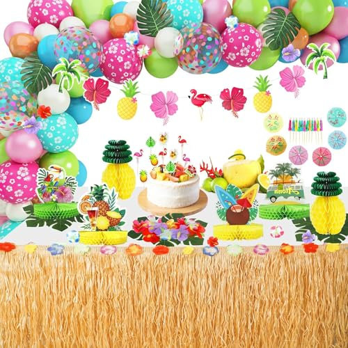 Tropische Hawaii Luau Party Deko, 102Pcs Tropische Aloha Sommer Strand Geburtstagszubehör Luftballon Gras Tischrock Honigwaben Mittelstück Flamingo Ananas Hibiskus Palm Banner Kuchen Topper