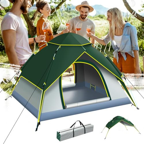 Camping Tent Pop up Tent 3 Person Family Dome Tent Waterproof Windproof with 2 Mesh Doors, Automatic Setup for Family Hiking and Backpacking