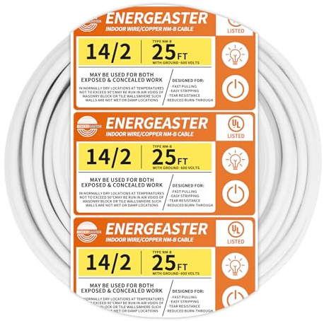 Energeaster Solid Indoor 14/2 W/G NMB Cable 25ft Coil,Electrical Wire 14 Gauge Wire 2 Conductors Non-Metallic with Ground Wire(White)