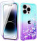 Pilaru Lovely for iPhone 14 Pro Max Case [2 Screen Protector] Clear Liquid Heart Glitter Soft TPU Cover Transparent Girly Shockproof Protective Phone Case for iPhone 14 Pro Max,Green-Purple