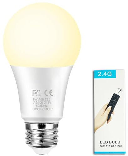 GRV Bombilla LED inteligente E26 A60 de 9 W con control remoto de 2.4 GHz, bombillas LED que cambian de color, regulables continuas 3000 K-6500 K, 800LM equivalente a lámpara incandescente de 80W