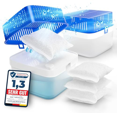 kogu® XXL 2 Stück Luftentfeuchter bis 75 m² Feuchtigkeits-Stopper inkl. 4x 400g Nachfüll Granulat – Raumentfeuchter nachfüllbar, Entfeuchter ohne Strom für Bad, Küche, Wohnung und Camper (1800ml)