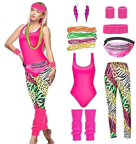 Yootiko 80er 90er Jahre Outfit Damen, 80er Jahre Accessoires Outfit Damen Neon Party Outfit Damen Set mit Bauchtasche Handgelenkschützer Ohrringe Kopftuch 7 Teiliges für Mottoparty Karneval Fasching
