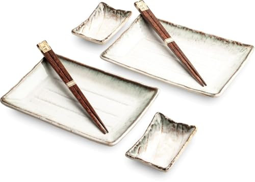 Sushi Set SHIRO weiß Porzellan Sushiset Geschenkset hergestellt in Japan zwei Sushi Teller zwei Schälchen und Essstäbchen 21,7 x 13,5 cm