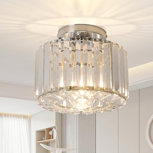 Hudi Fyier Modern Crystals Ceiling Lighting Fixtures, Chrome Small Ceiling Lamp, Semi Flush Mount Ceiling Light for Kitchen Hallway Dining Rooms Living Rooms