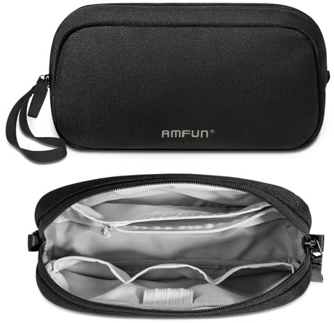AMFUN Cable Organiser Bag, Travel Tech Pouch, Cord Organiser for Essentials, Travel Pouch Internal Zipper Layers Water Resistant Carry Storage Bag for Charger, Power Bank, Cable (Black S)