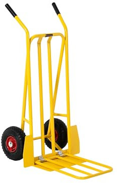 Heavy Duty Folding Sack Truck, Yellow Steel Delivery Trolley with Fixed & Folding Extended Base Plate & Pneumatic Tyres for Office, Warehouse, Retail