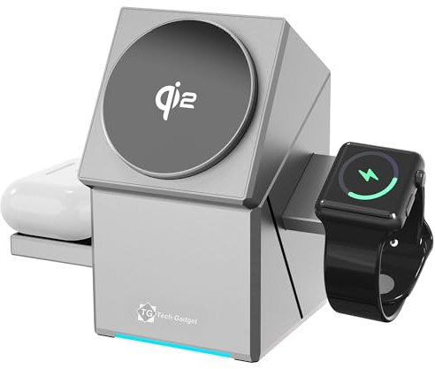 Apples Approved Qi2 3 in 1 Charging Station for Apple MagSafe Charger with One Touch Rotate, Latest Qi2 15W Fast Wireless Charger Stand for Apple iWatch, for iPhone 16,15,14,13,12 Series, AirPods