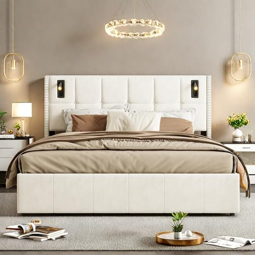 YYXLDYNB Lit Coffre 160x200cm,lit Double 160x200cm avec Lampe de Lecture,LIT Hydraulique avec Fonction de Rangement,Sommier à Lattes,lit 2 Personnes pour Adulte,sans Matelas, Beige Blanc