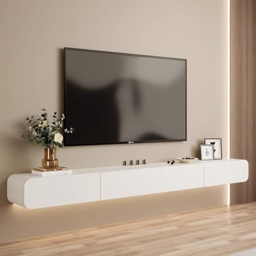 Meuble TV mural flottant en bois blanc avec alimentation électrique à travers les trous - 240 cm de long
