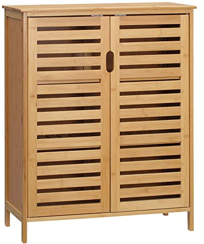 kleankin Armoire de salle de bain Armoire d'appoint avec 2 portes à lamelles, 2 étagères intérieures, armoire de rangement en bambou pour salle de bain, salon 68 x 32 x 86 cm Naturel