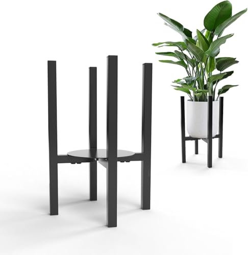 Support de plantes réglable, convient pour les pots d'un diamètre extérieur de 24 à 36 cm, 38 cm de haut, en métal noir, avec plateaux, pot de fleurs pour support intérieur et extérieur (avec palette)