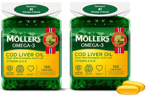 Moller’s ® | Lebertran Kapseln | Omega-3-Fettsäuren DHA & EPA, Enthält Vitamin A, D & E, Unterstützt Immunsystem, Herzfunktion, Gehirnfunktion & Sehkraft | 320 Stück
