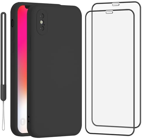 Meliya Coque pour iPhone X/XS avec 2 Pieces Verres Trempés et 1 Cordon, Coque Antichoc avec Protection des Caméras, Étui en Silicone avec Doublure en Microfibre Souple (Noir, iPhone X/XS)