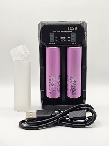 2 x 3000mAh - 15A (25A max) - 3.7V - SAM 30Q High performance Flat Top Rechargeable Li-Po Battery + 2 Slot 18650/21700/AA/AAA USB-C charger + 1x Tubular Battery Case