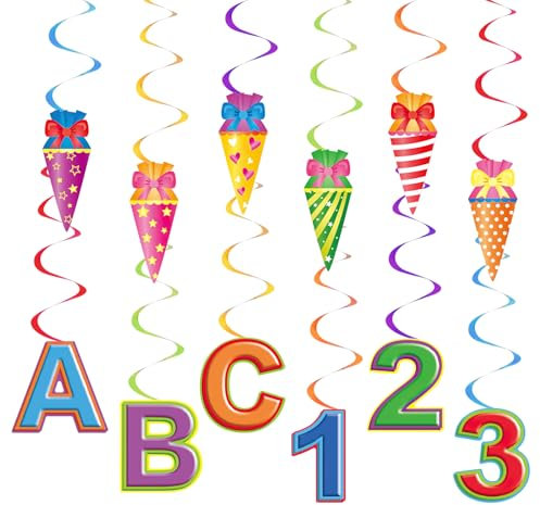 12 Stück Einschulung Deko, Schulanfang ABC 123 Hängende Wirbel Spiral Girlande, Spirale Zuckertüten Girlande Schuleinführung, Schulanfang Deko für Mädchen und Junge Schule Klassenzimmer Dekoration