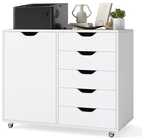 COSTWAY Mobile File Cabinet, 4/5 Drawers Lateral Stationery Storage Organiser Chest with Wheels and 1/2 Doors, Home Office Printer Stand Side Filing Cupboard (White-5 Drawers, 78 x 40 x 65cm)