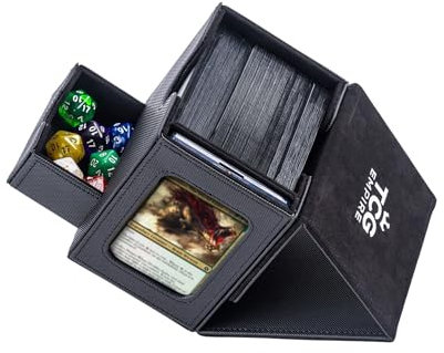 TCG Empire Deck Box Compatibile con carte Pokemon, Magic, YuGiOh ecc. con Custodia Magnetica 35 PT - Porta mazzo da 100+ Carte con Commander Visibile, Porta Dadi e 2 Divisori(Nero)