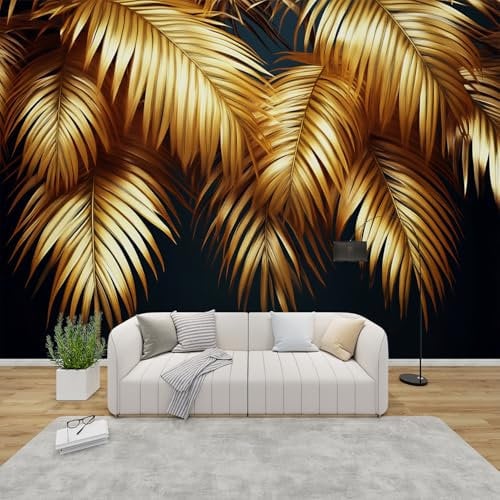 AevuCub Palm Leaves Wallpaper for Living Room - Black and Gold Wall Murals for Bedrooms, Tropical Leaf Wall Art, Non-Woven Photo Wallpaper 3D Effect, 150x105 cm