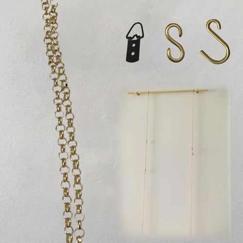 Cimaise pour Tableau Cordon pour Suspendre des Tableaux, Bandes pour Accrocher des Tableaux, Chaîne Dorée pour Suspendre des Miroirs, des Lampes ou des Paniers, Anneau en Laiton de 1 M et Crochet en S