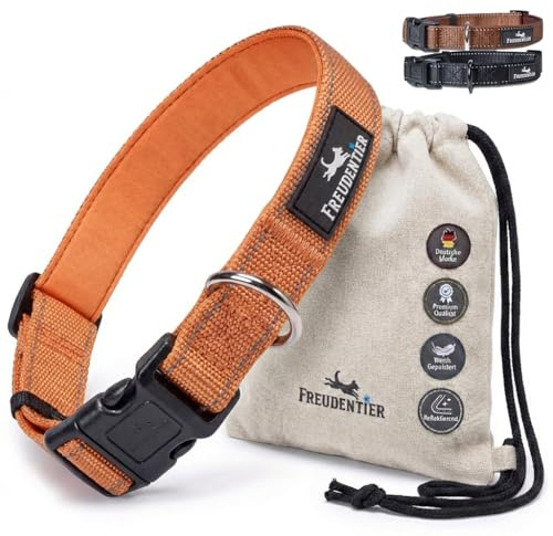 FREUDENTIER Hundehalsband - weich gepolstert mit Neopren, reflektierend & robust - Halsband Hund für kleine, mittelgroße & große Hunde (Sunset Orange, 20-30CM)