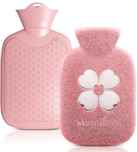 Mini Hot Water Bottle, 500ml Small Water Bottle with Cover, Pink Hot Water Bag with Detachable Flannel Cover, Use for Hot and Cold Compress, Menstrual Cramps, Relieve Muscle Soreness