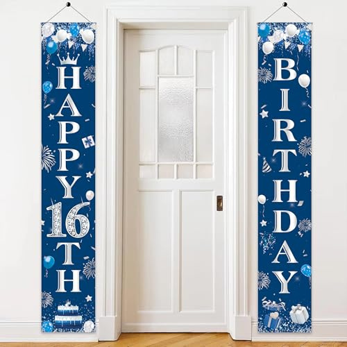 16th Birthday Decorations Banner Boys - Happy 16th Birthday Party Door Porch Sign, Blue Silver Door Banners for 16 Years Old Party Decoration Supplies