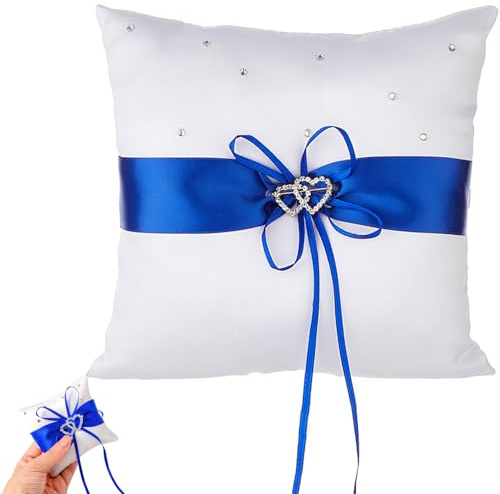 Qanye 1 Stück Elegantes Satin Kissen, 20x20 cm Ringkissen Hochzeit, Vintage Quadratisch Ringkissen, mit Glitzerndem Doppelherz & Satinband, Ideal für Standesamt und Kirche (Blau)