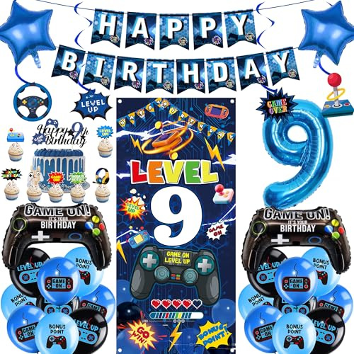 Gaming 9th Birthday Decorations Boys - 41 PC Blue Video Game Set | 41 Pcs Blue Video Game Banners Gaming Controller Foil Balloons Cake Topper Swirl Hangings Backdrop