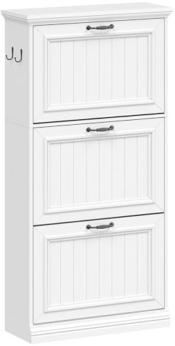 Hzuaneri Schuhschrank Schmal mit 3 Klappen, Klassischer Stil, 16-18 Paar | Schuhkommode mit Holzoptik, Schmaler Schuhregal, Trennwand Verstellbar,für Flur, Eingang, Weiß SR60103X