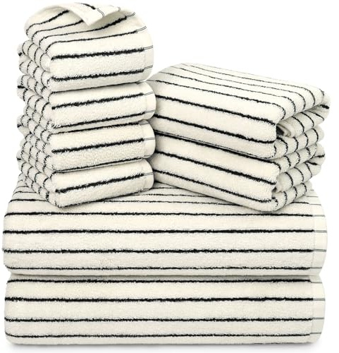 Jacquotha 8 Piece Black and White Towel Set, Super Soft & Absorbent Cotton Striped Towels for Bathroom Decor, 2 Bath, 2 Hand, 4 Washcloths