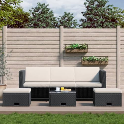 LoogCape Salon de jardin 4 pièces en rotin synthétique noir, coussins blanc crème, table basse avec espace de rangement, canapé d'extérieur résistant aux intempéries pour terrasse et balcon