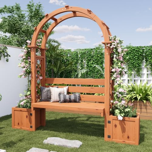 Arche de Jardin en Bois Massif avec 2 Jardinières et Banc Intégré, Pergola pour Rosiers et Clématites, Support Robuste pour Plantes Grimpantes, Décoration Jardin Exterieur (Naturel-2)